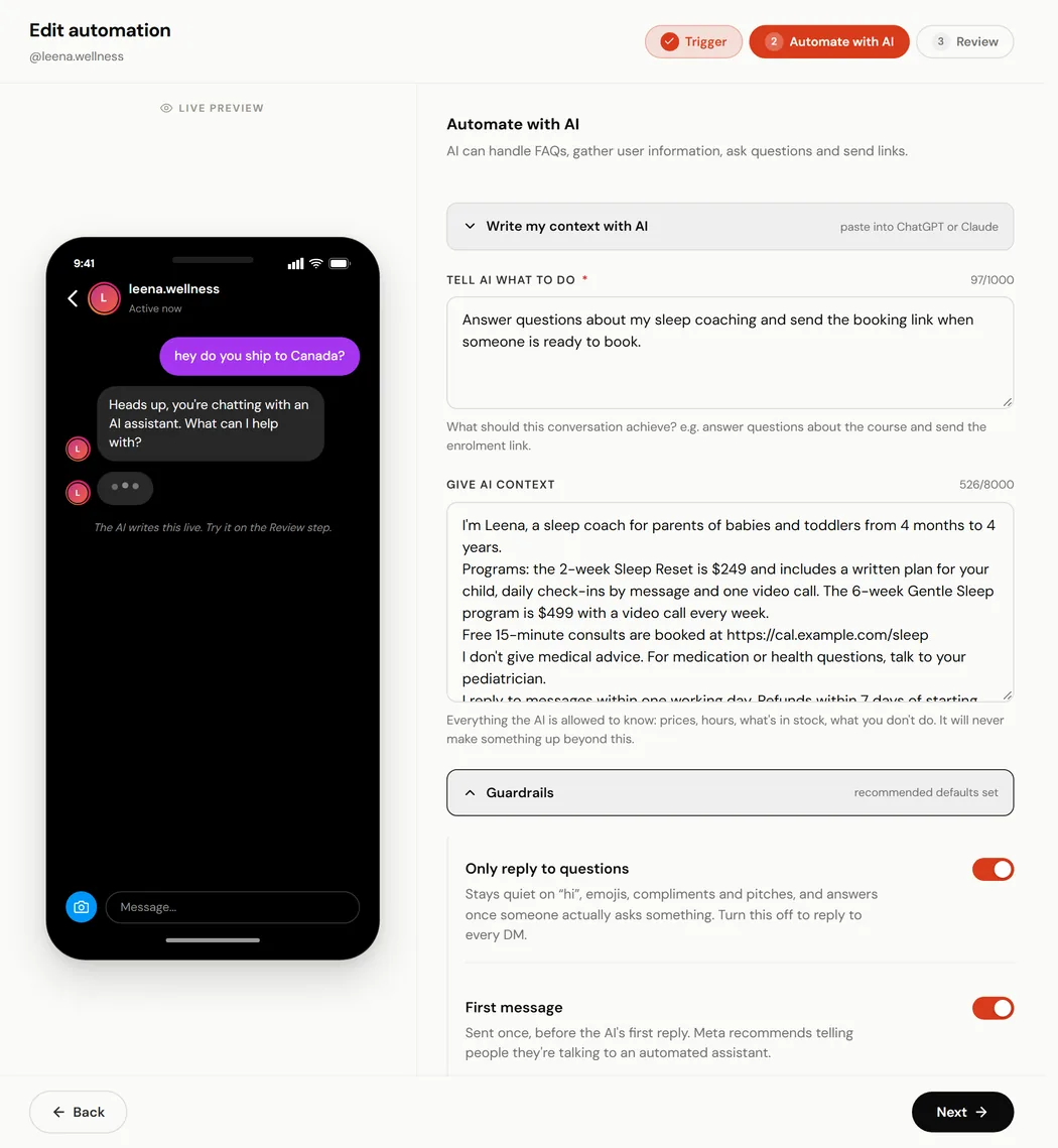 ReelDrop DM reply by AI builder with the goal, the context and the Guardrails section filled in, beside a phone preview