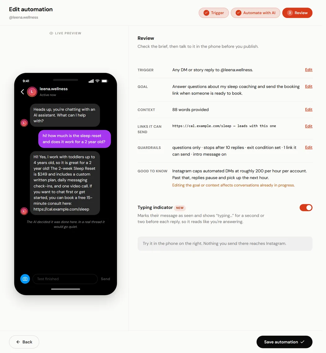 ReelDrop Review step with the live preview phone answering a test question from the brief