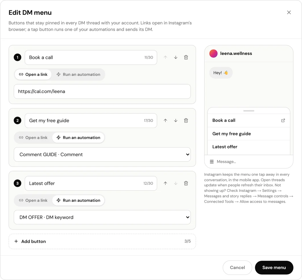 ReelDrop DM menu editor with three buttons, one link and two that run automations, beside a phone preview of the menu