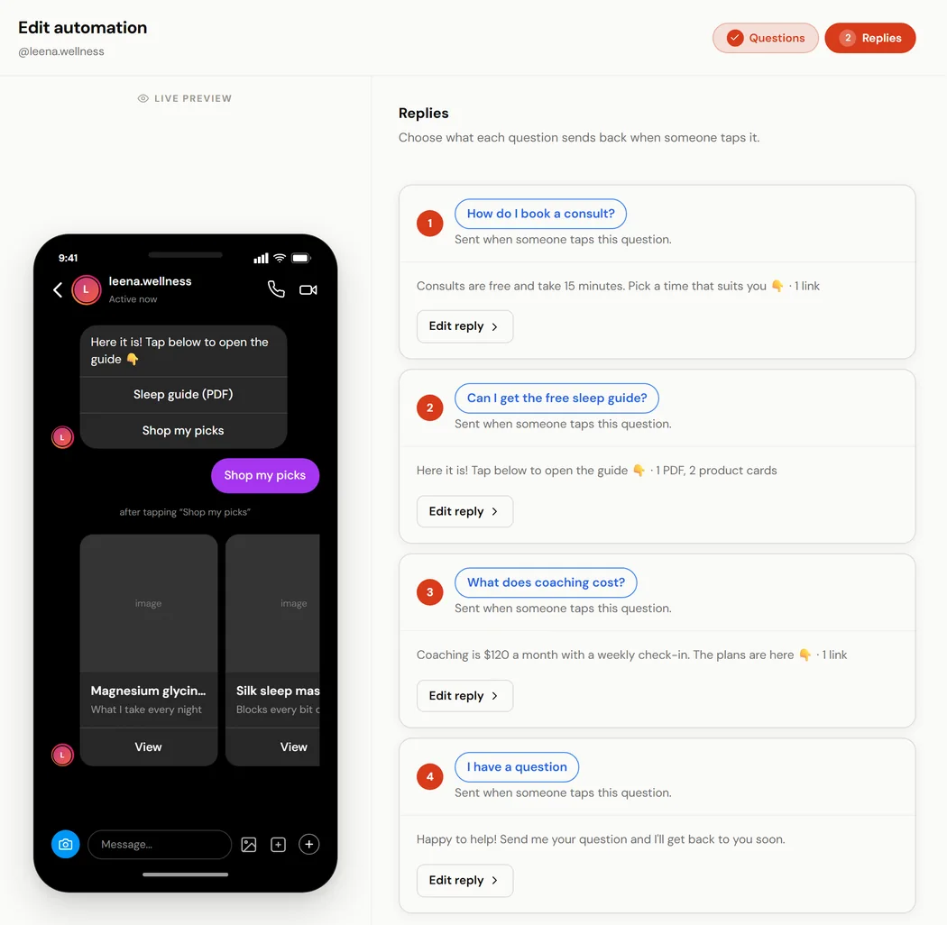 The Replies step of the ReelDrop builder, one reply per question, with a phone preview of a reply carrying a PDF button and product cards