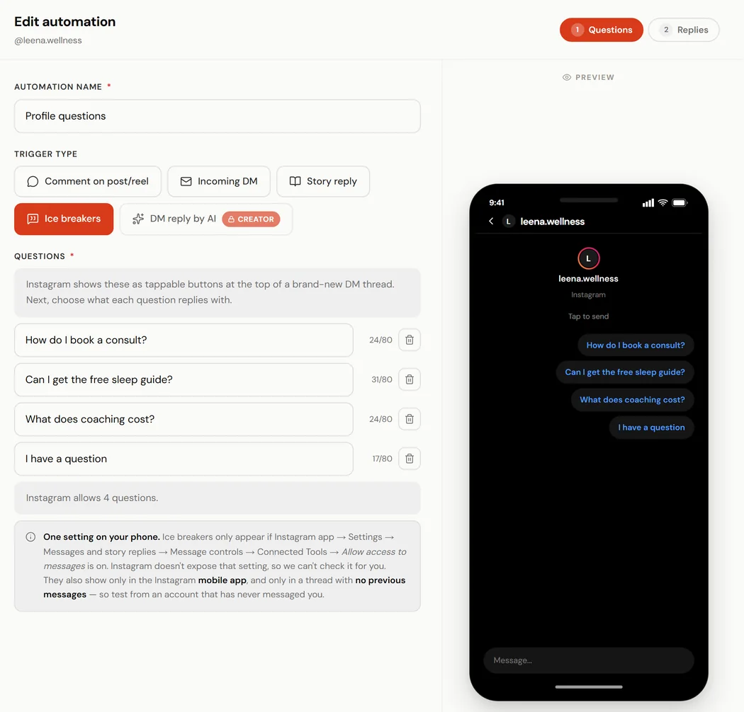 The Questions step of the ReelDrop builder with four ice breaker questions, beside a phone preview of a brand-new DM thread showing them