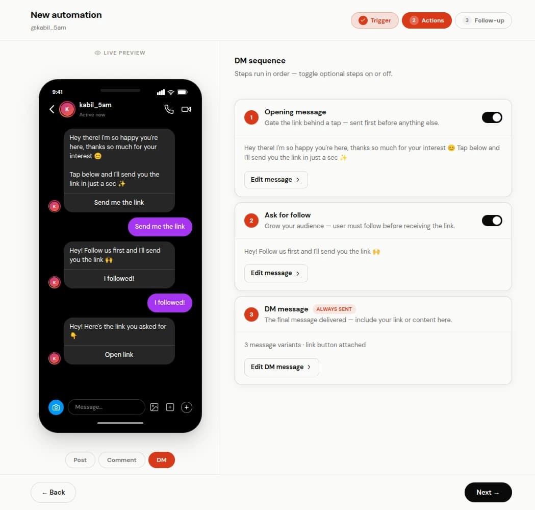 ReelDrop private DM editor with a link button and a live preview of the Instagram conversation