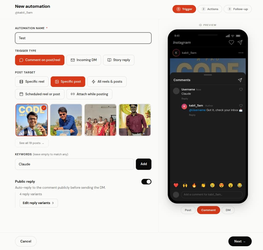 Public comment reply variants in ReelDrop