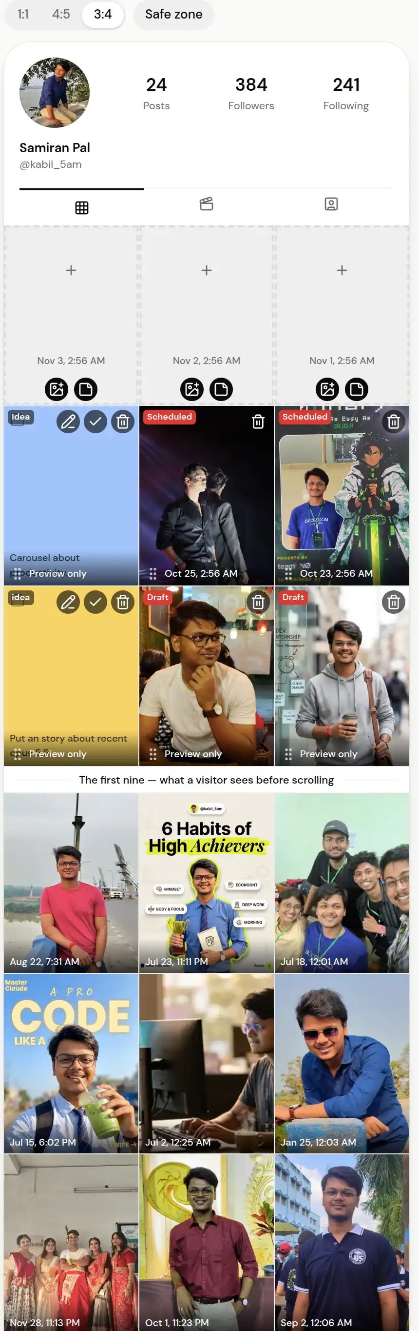 ReelDrop grid planner showing six planned posts in two rows above an account's published Instagram posts, with the crop set to 3:4