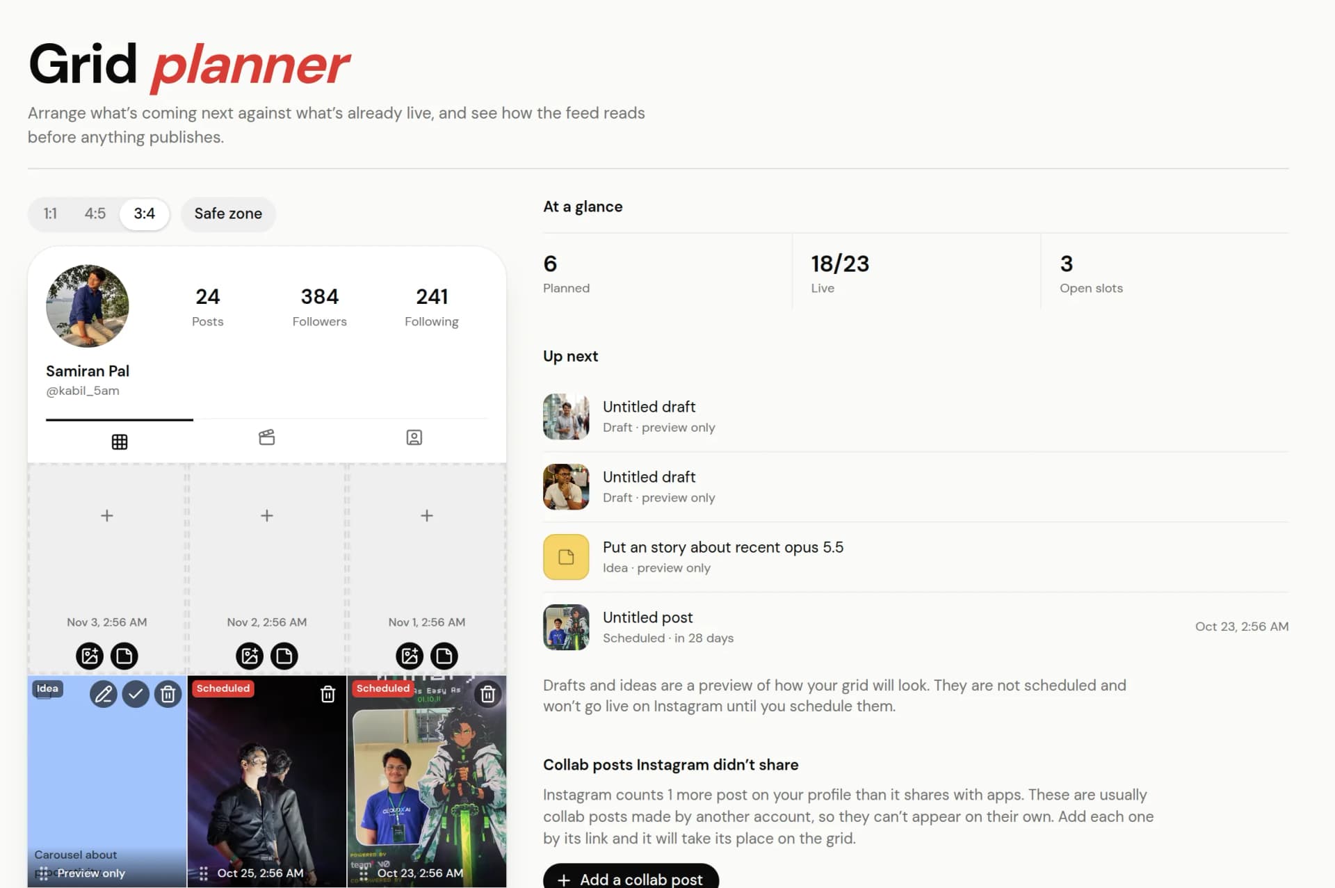 Instagram grid planner showing an idea tile and two scheduled posts planned above the Instagram feed, with grid stats and reading tips in the side panel