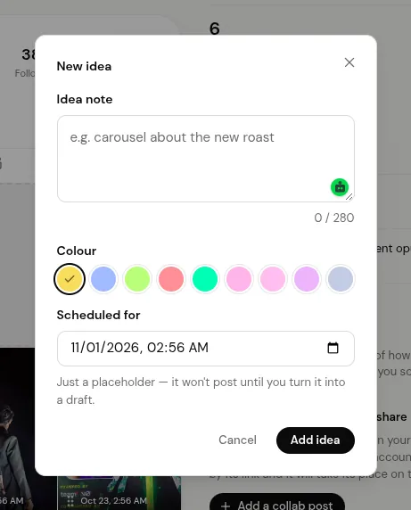 The idea tile editor in ReelDrop’s grid planner with colour options, a note field and the chosen time slot