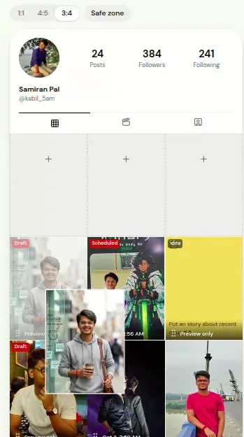 A planned post being dragged onto another planned post in the ReelDrop grid planner to swap their publish times