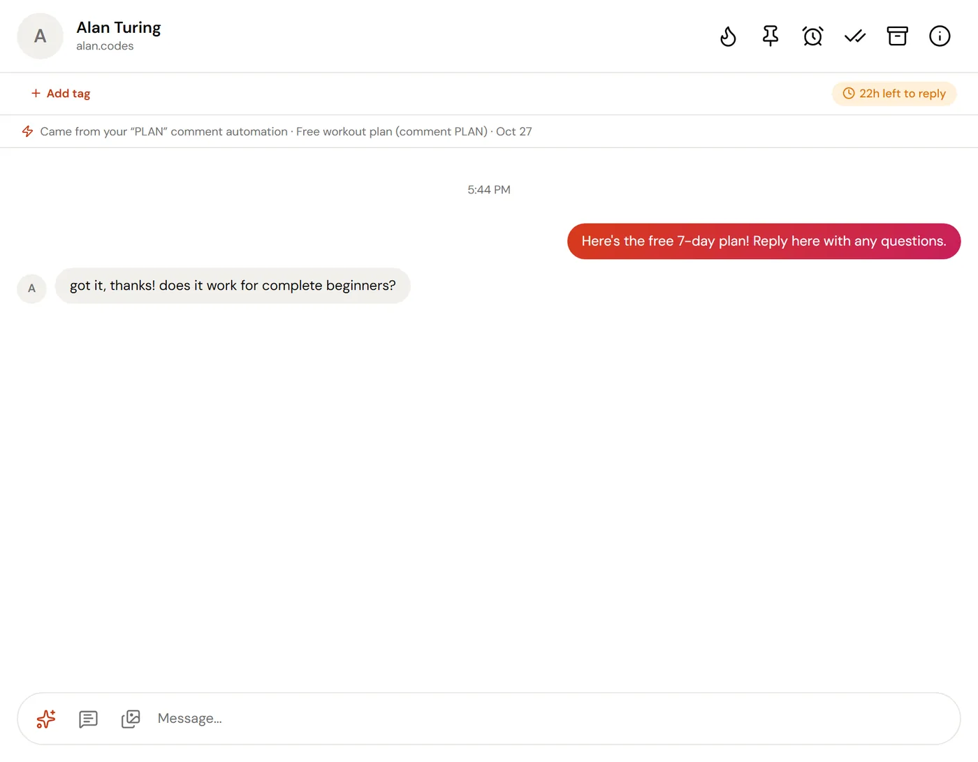 A ReelDrop conversation opened by a comment-to-DM automation, with a banner naming the automation above the automated DM