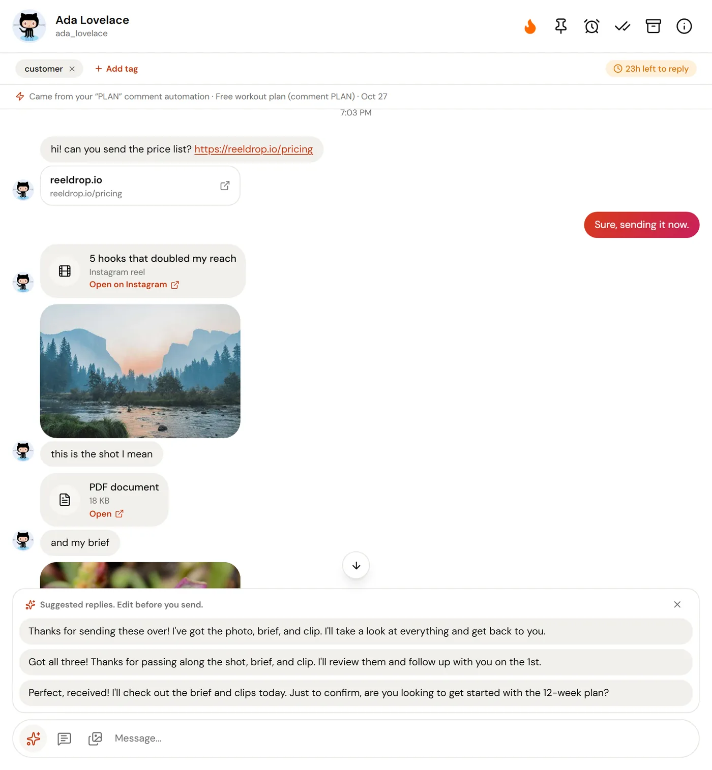 Three suggested replies under a customer's question in a ReelDrop conversation, above the reply box