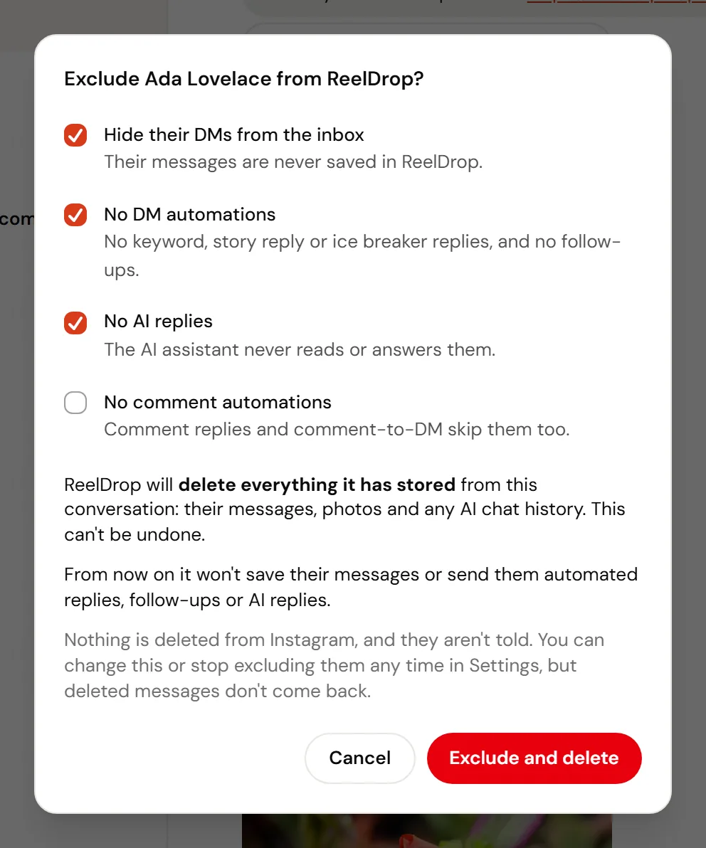 The Exclude from ReelDrop dialog with four switches and a warning that stored messages will be deleted