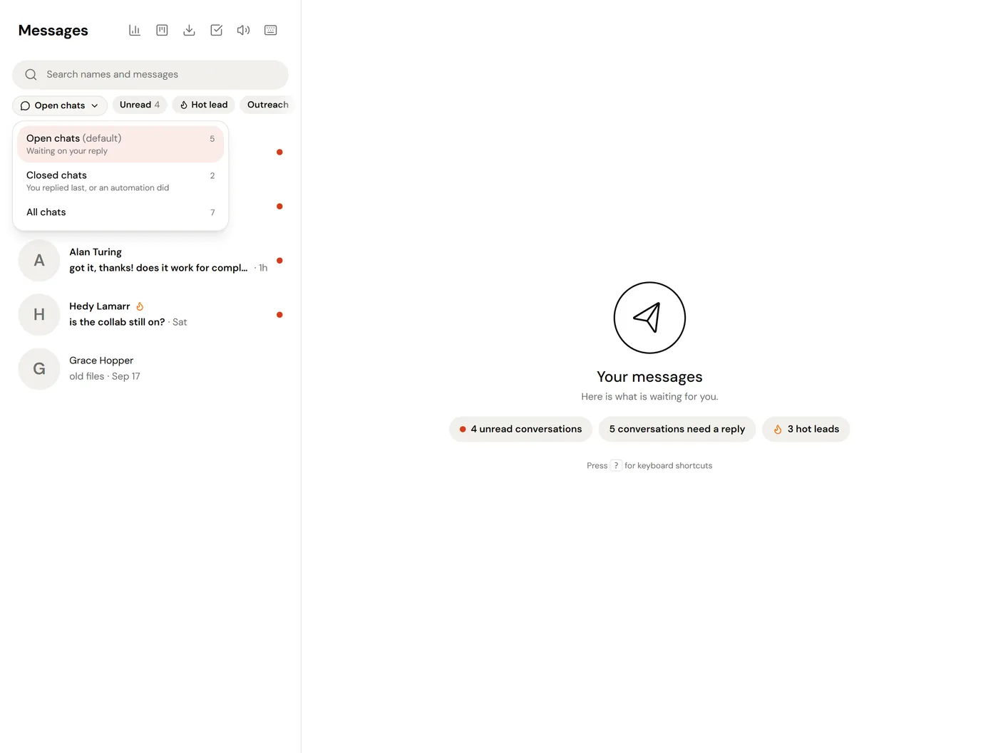ReelDrop inbox with the chats menu open, offering Open chats, Closed chats and All chats above the conversation list