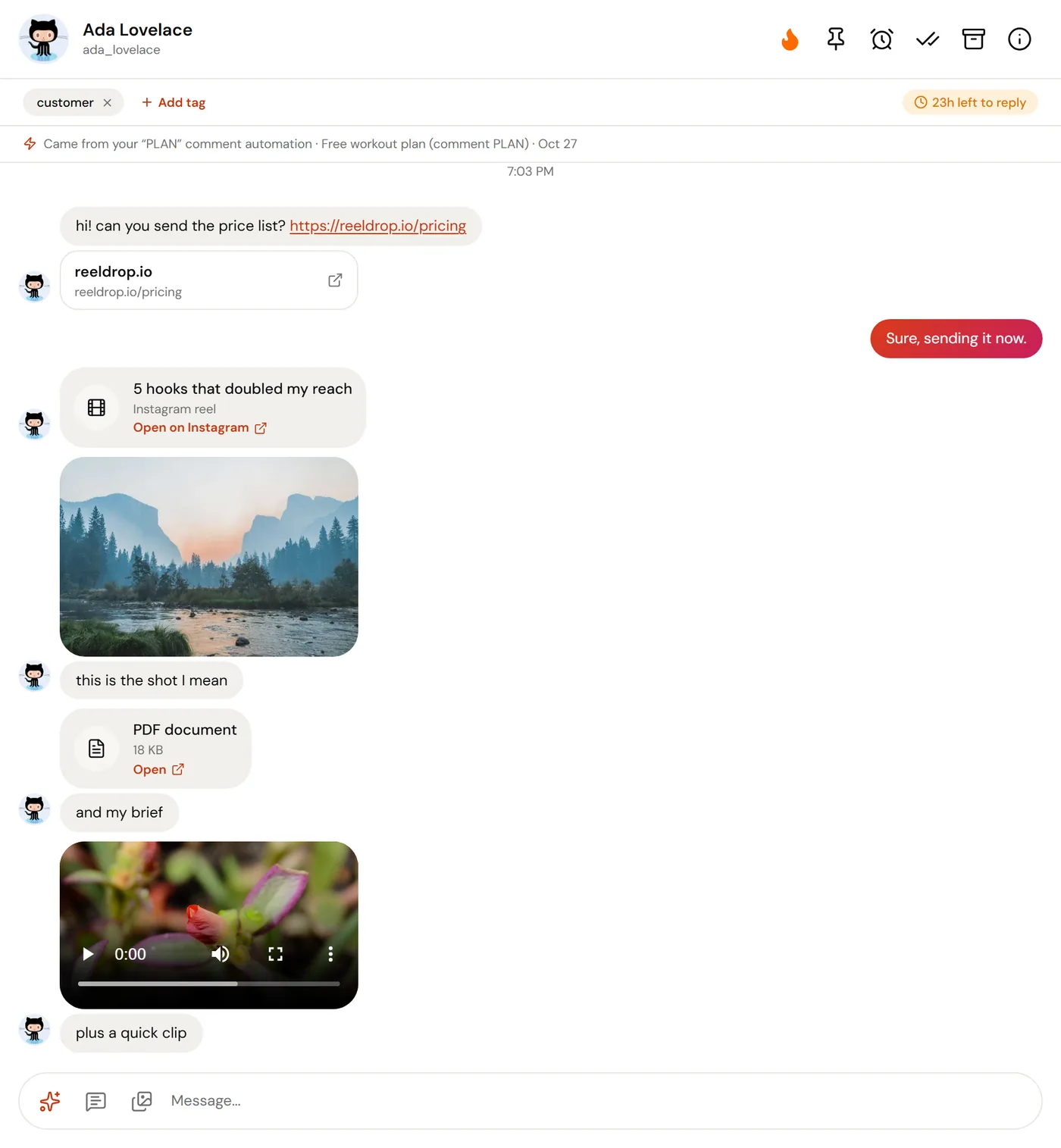 A ReelDrop conversation showing a shared reel card, a photo, a PDF card and a playable video