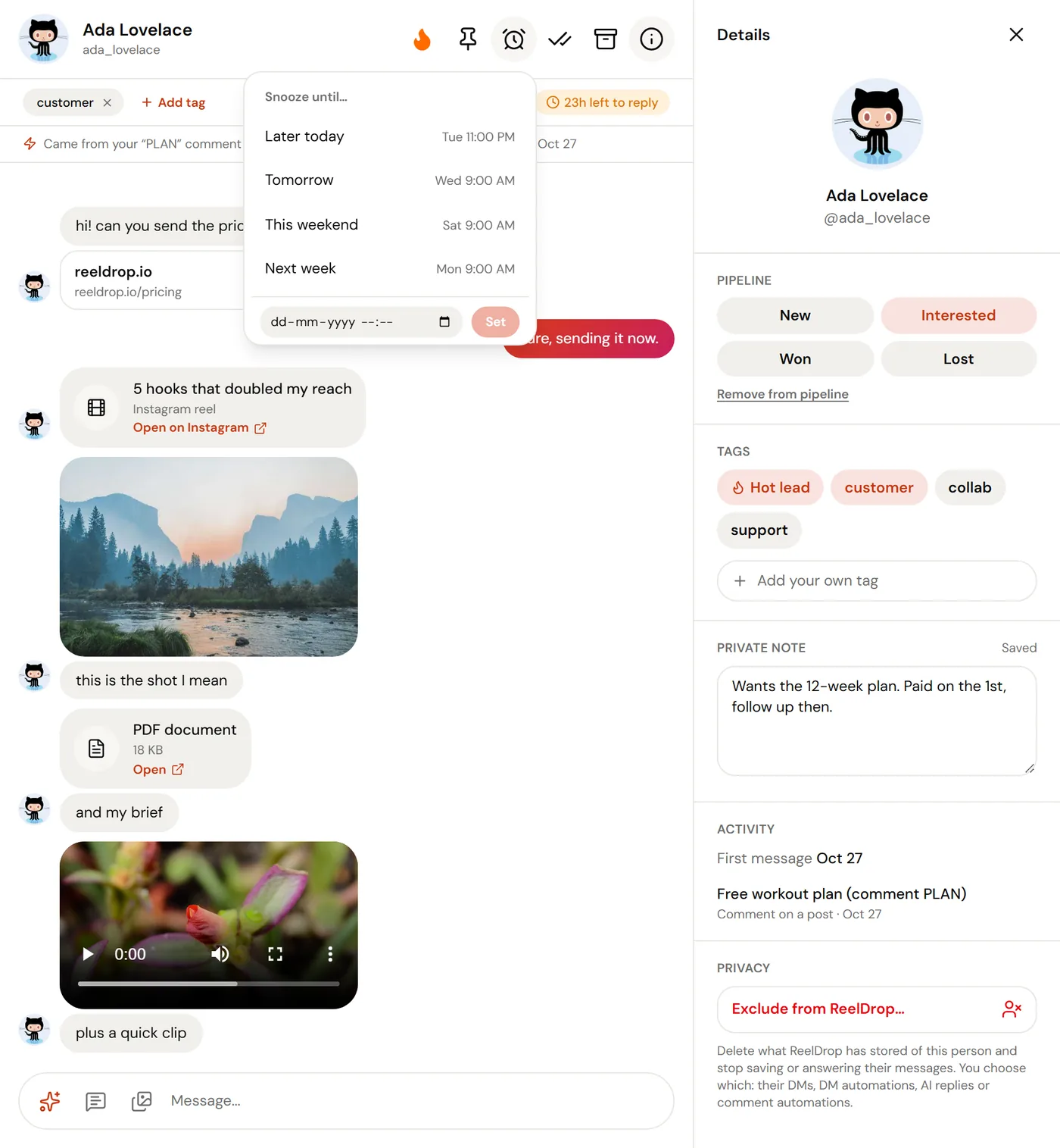 A conversation's details panel in ReelDrop with a private note, tags and the snooze menu