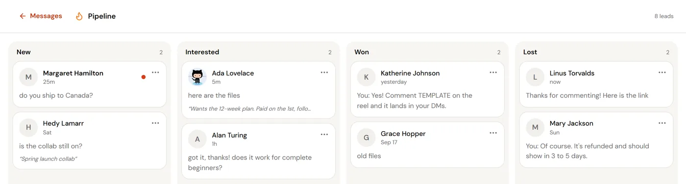 ReelDrop lead pipeline board with New, Interested, Won and Lost columns of conversation cards