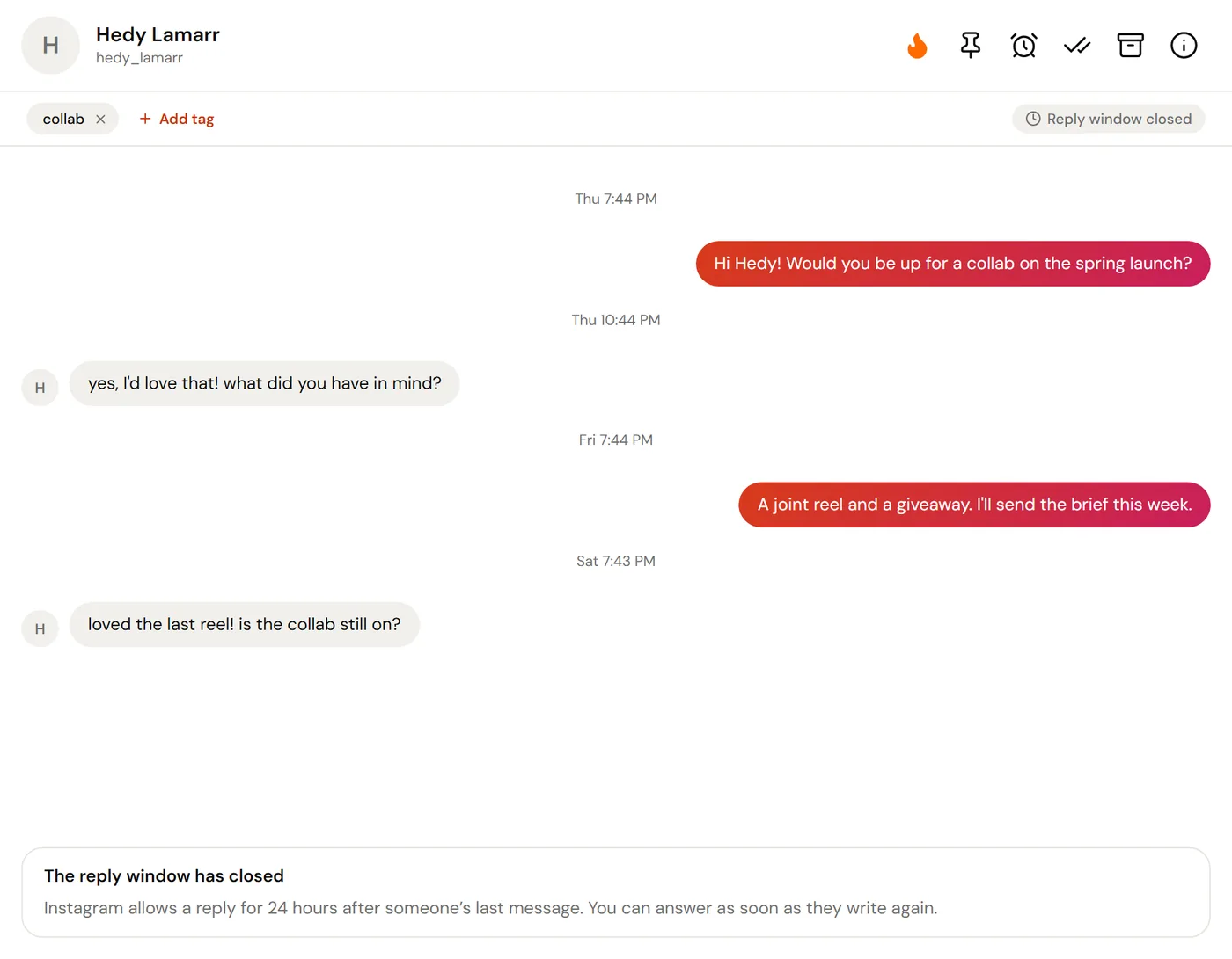 A ReelDrop conversation whose last message is three days old, with the reply box replaced by a note that the reply window has closed