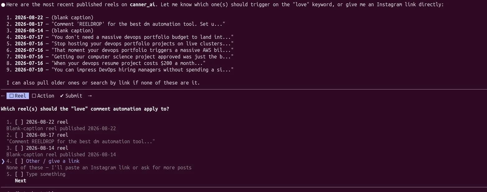 Claude listing recent reels and asking which one a keyword automation should apply to before creating it
