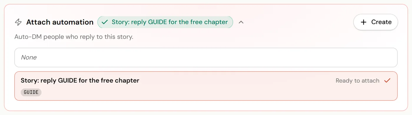 The Attach automation card in ReelDrop's story composer, for auto-DMing people who reply to the story