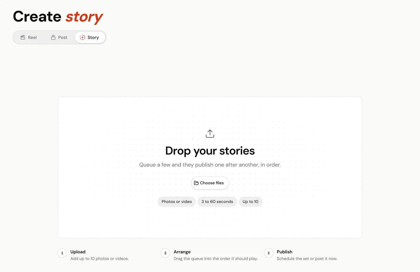 ReelDrop Create story page with Story selected and the Choose files button