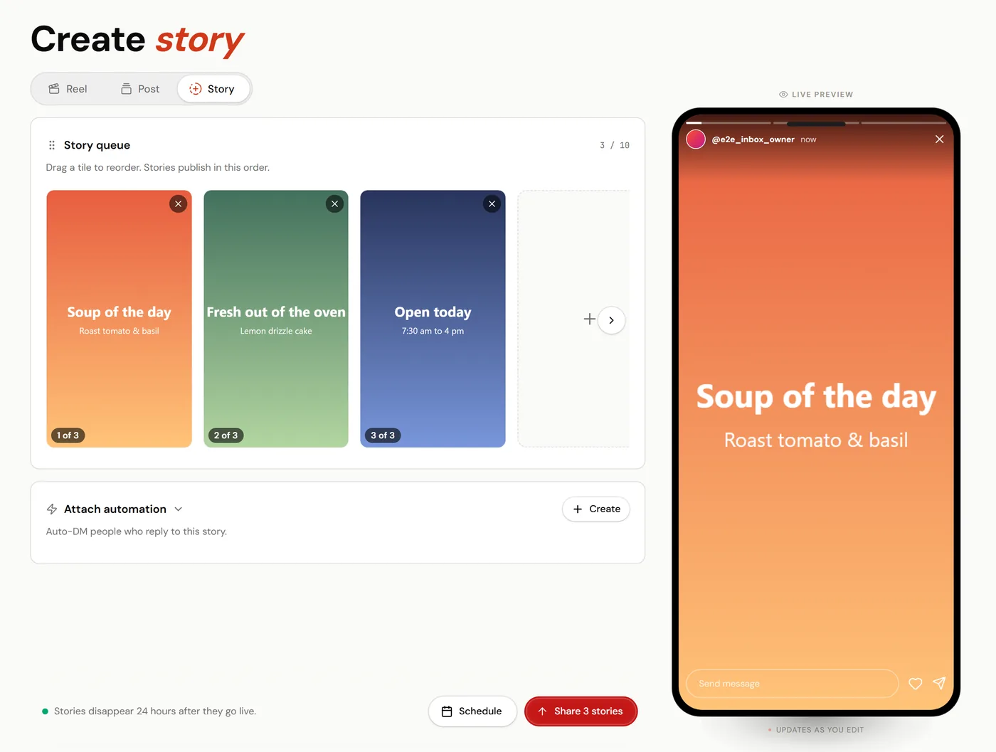 ReelDrop's Create story page with three stories in the Story queue, numbered 1 of 3 to 3 of 3