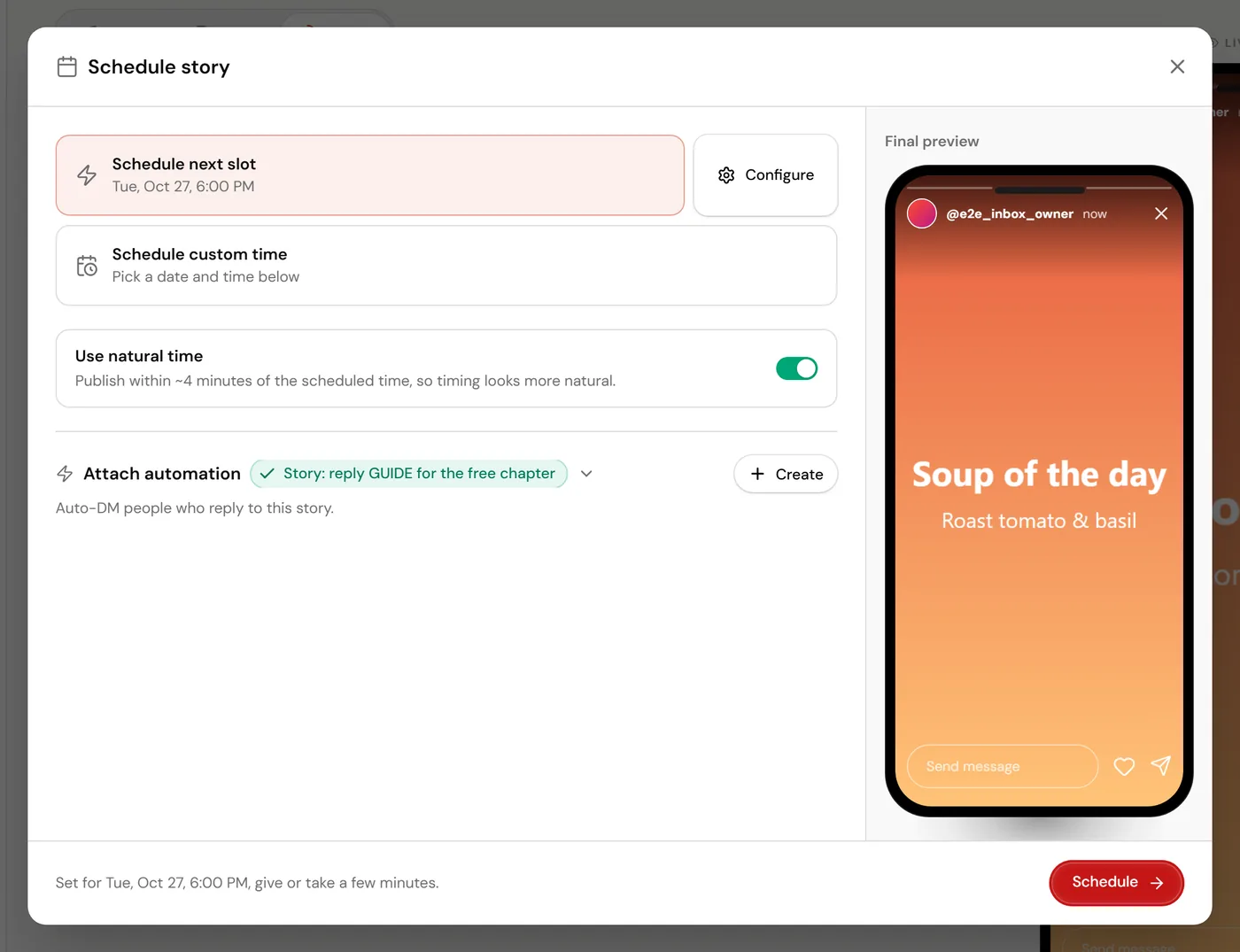 The Schedule story window in ReelDrop with Schedule next slot and Schedule custom time options