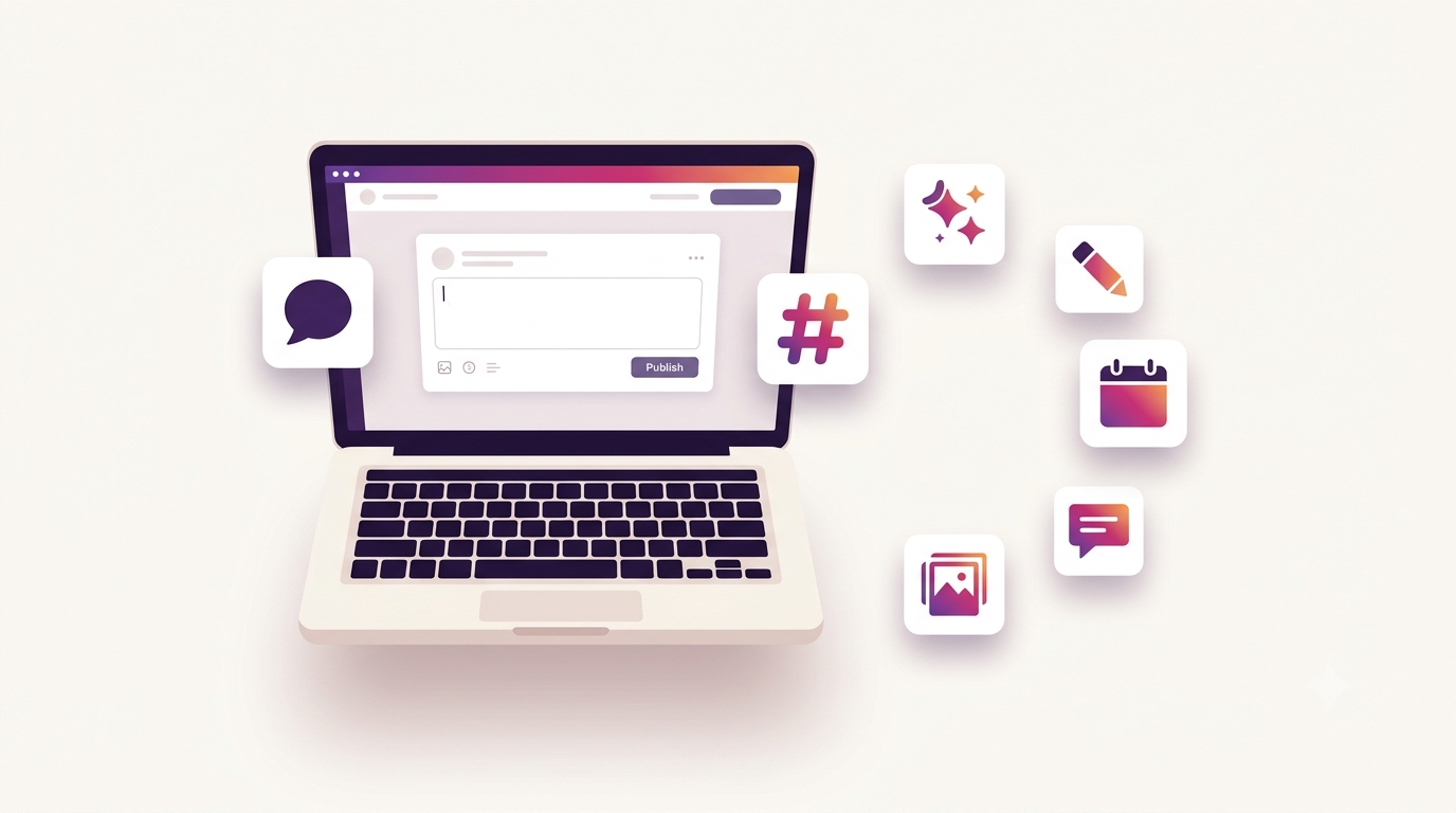 Comparison of seven AI Instagram caption generator tools laid out on a desk scene