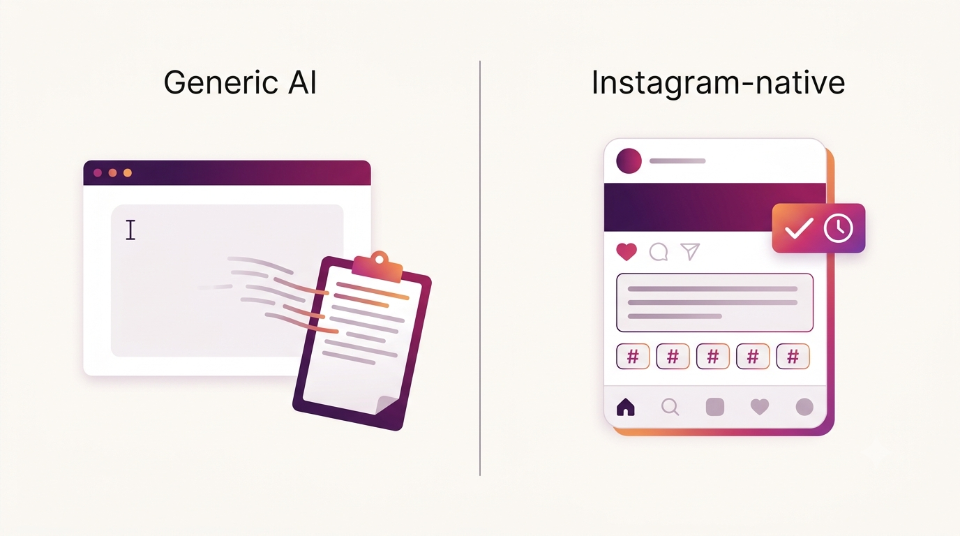 Split-screen illustration of a generic AI writer versus an Instagram-native caption tool