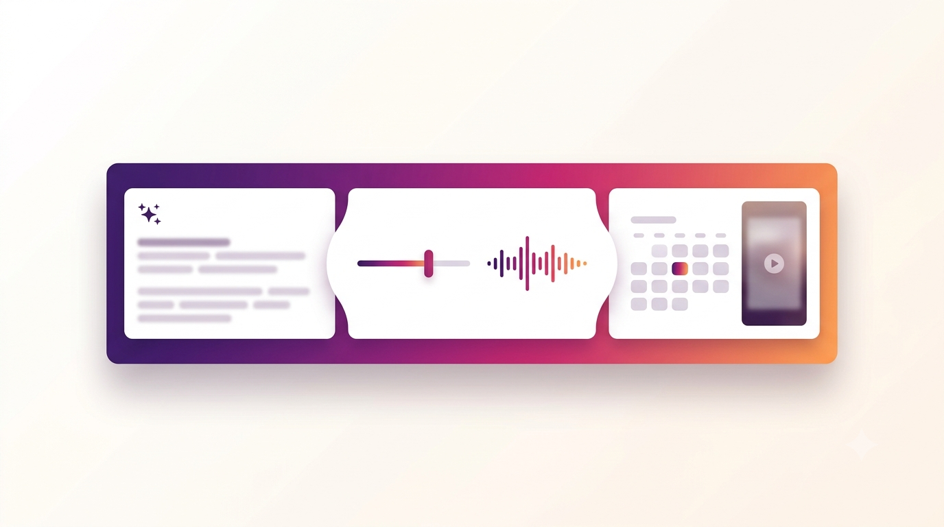 Unbranded caption generator interface showing tone matching and a scheduled Instagram reel