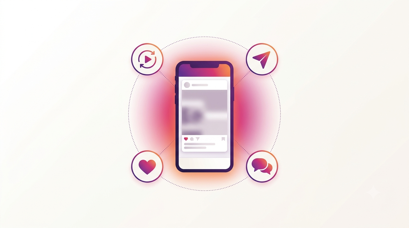 Illustration of Instagram engagement signals like watch time, sends, and comments around a post