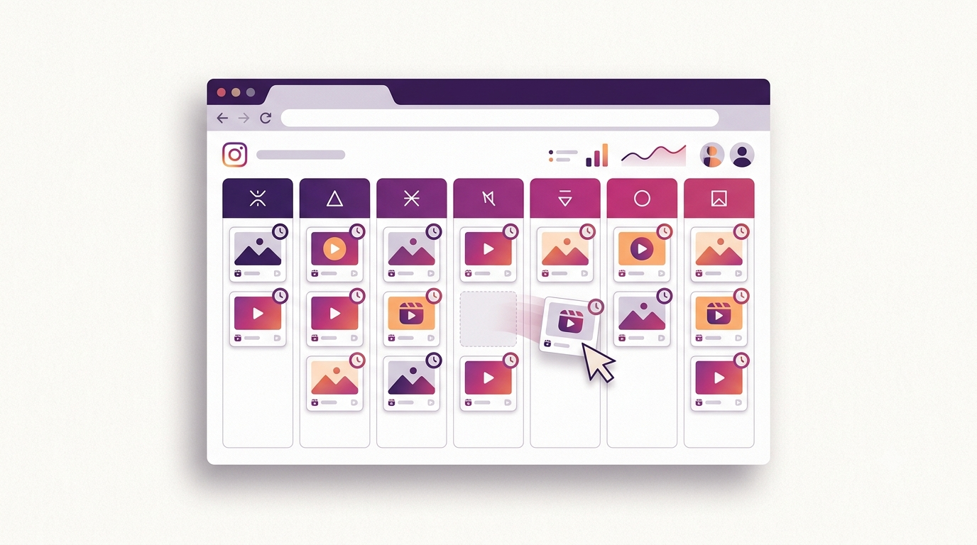 Generic Instagram scheduling calendar interface showing a week of planned reels and posts