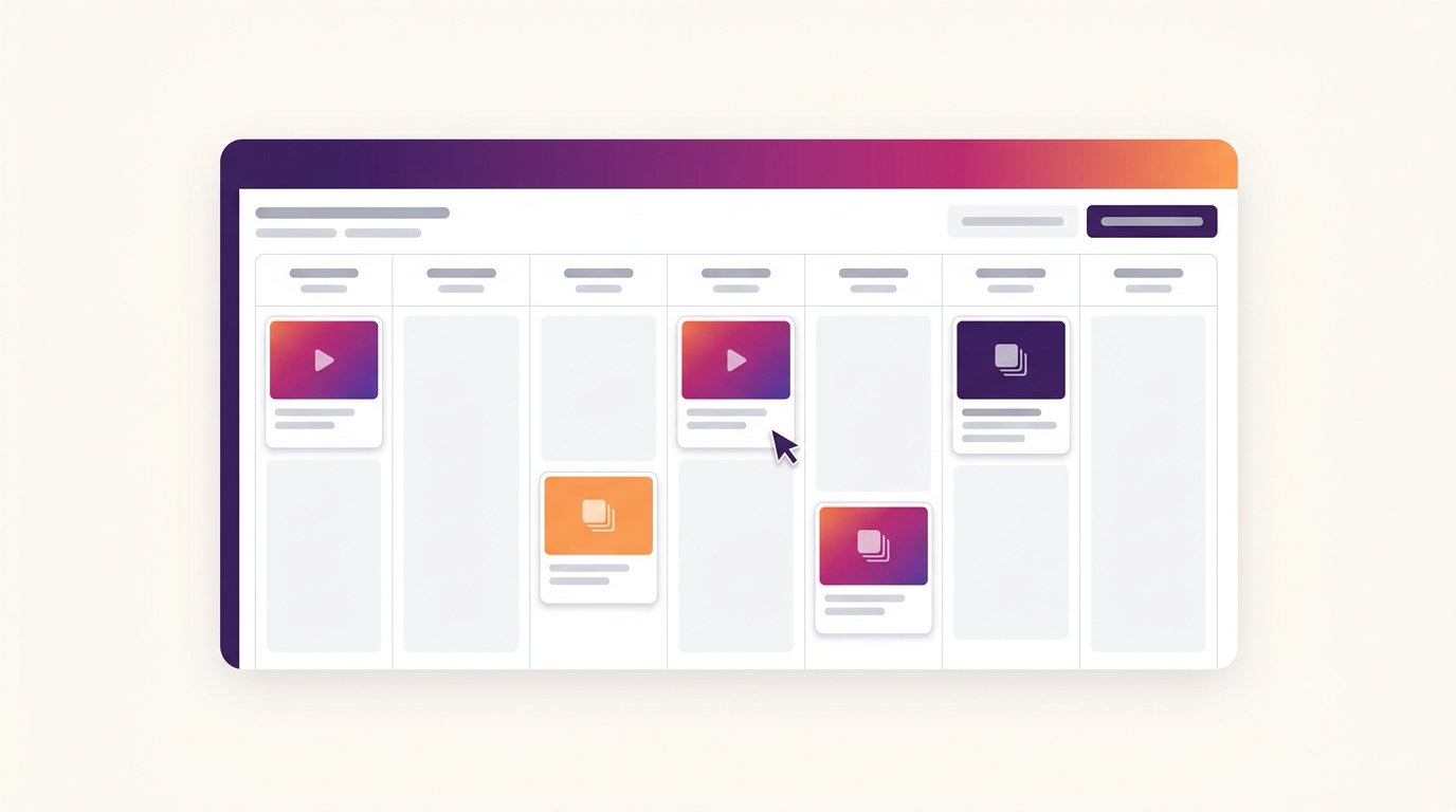 Content calendar mockup showing a week of scheduled Instagram reels and carousels