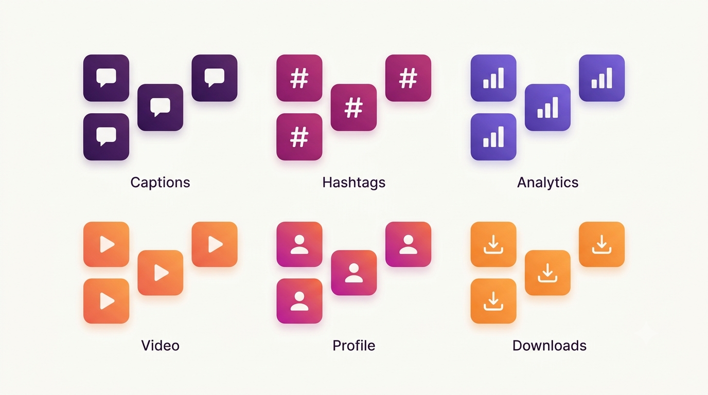 Grid of free Instagram tools grouped by job: captions, hashtags, analytics, video, profile, downloads