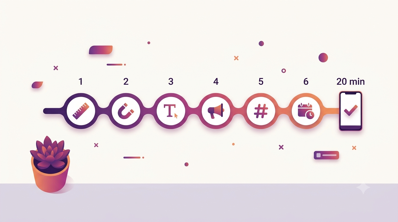 Six step timeline showing a 20 minute reel prep workflow using free Instagram tools