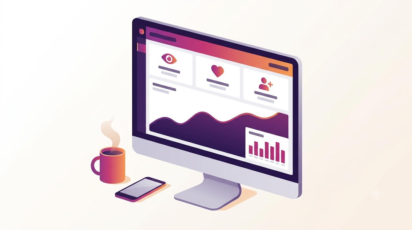 Illustration of an Instagram analytics dashboard showing reach, engagement rate, and follower growth charts