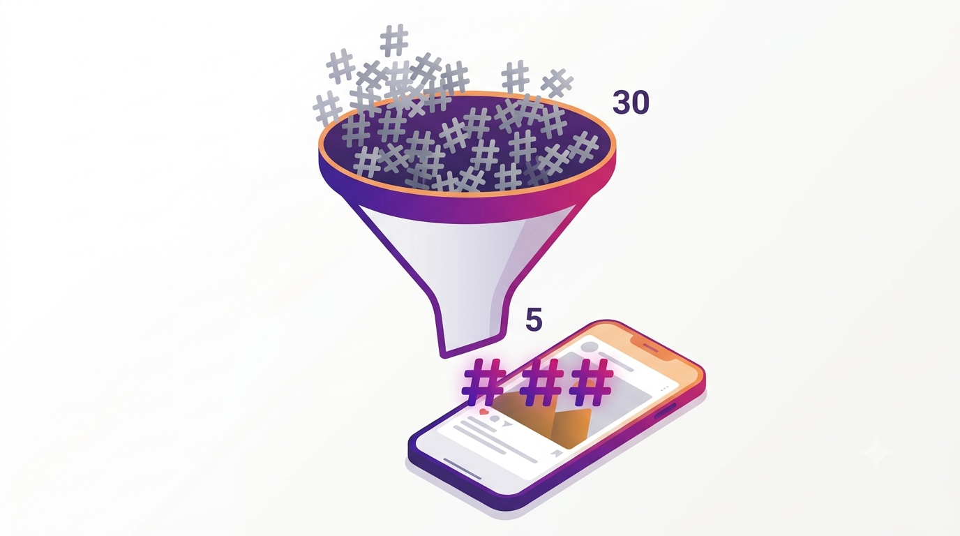 Illustration of 30 Instagram hashtags being narrowed down to 5 targeted ones after the December 2025 limit change
