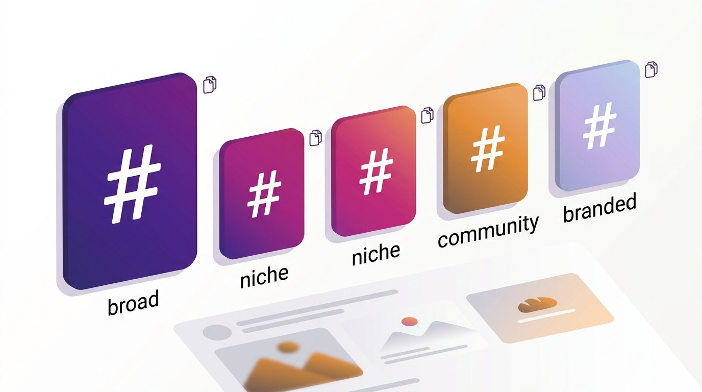 Diagram of the 5-tag formula for Instagram hashtags: one broad, two niche, one community, one branded