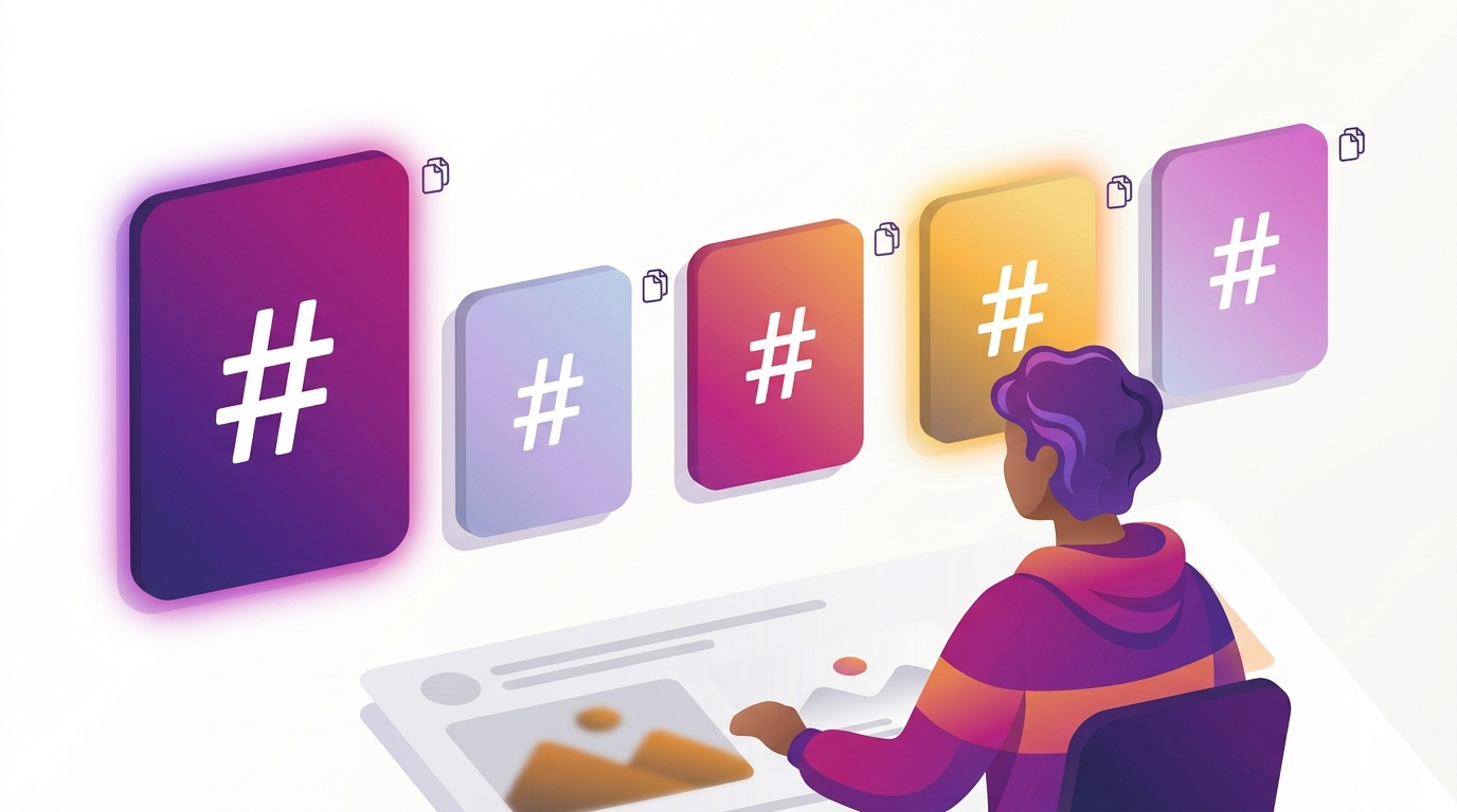 Illustration of a creator choosing between five Instagram hashtag generator tools