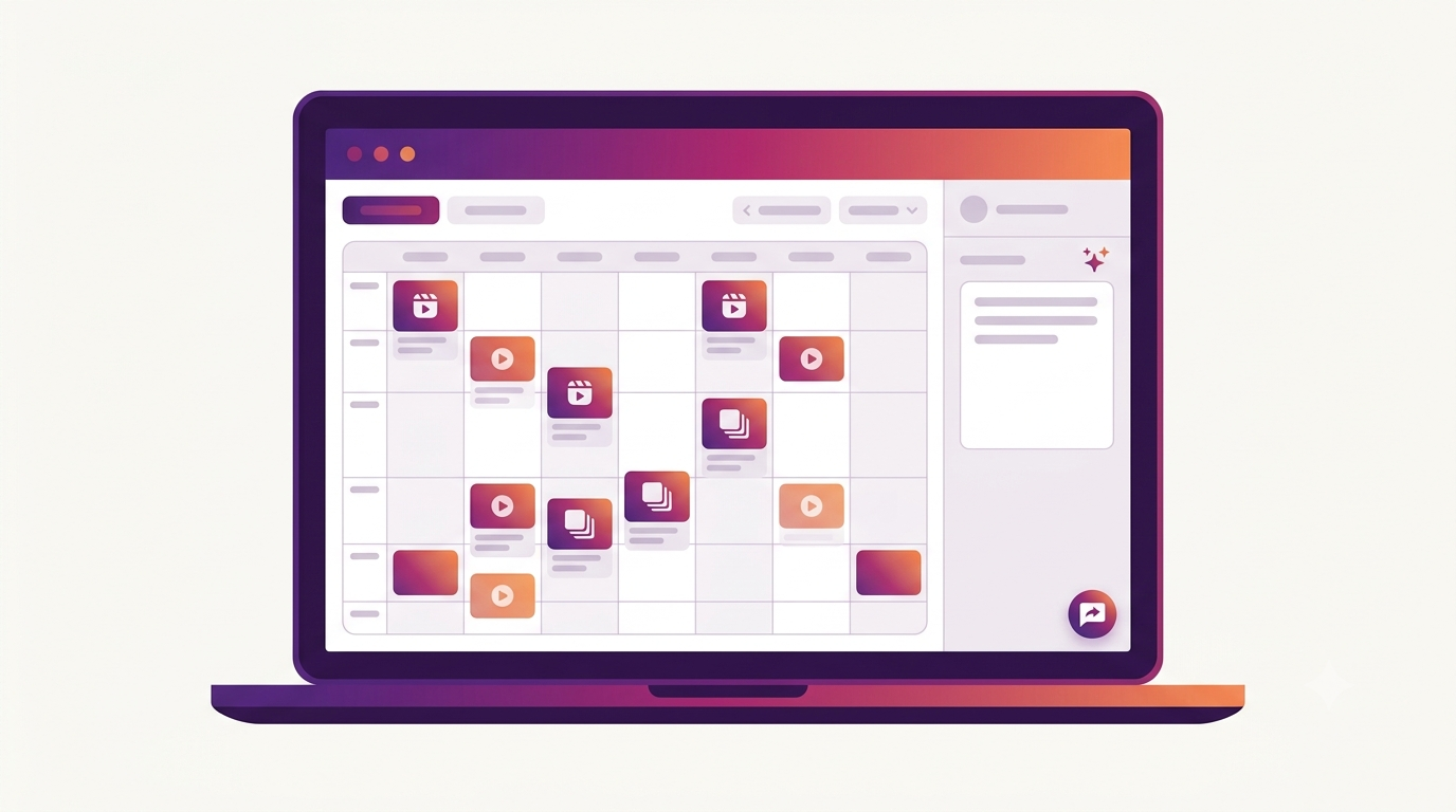 Instagram scheduler interface showing a content calendar with scheduled reels and carousels
