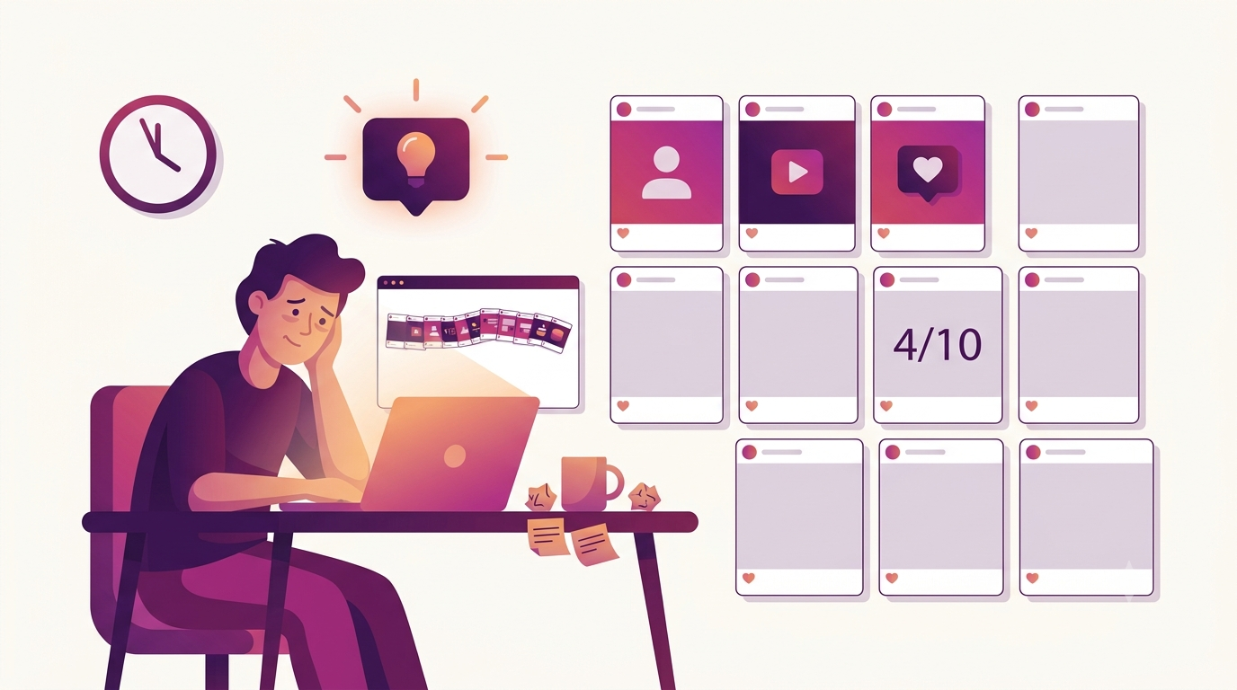Illustration of a creator manually building an Instagram carousel slide by slide late at night