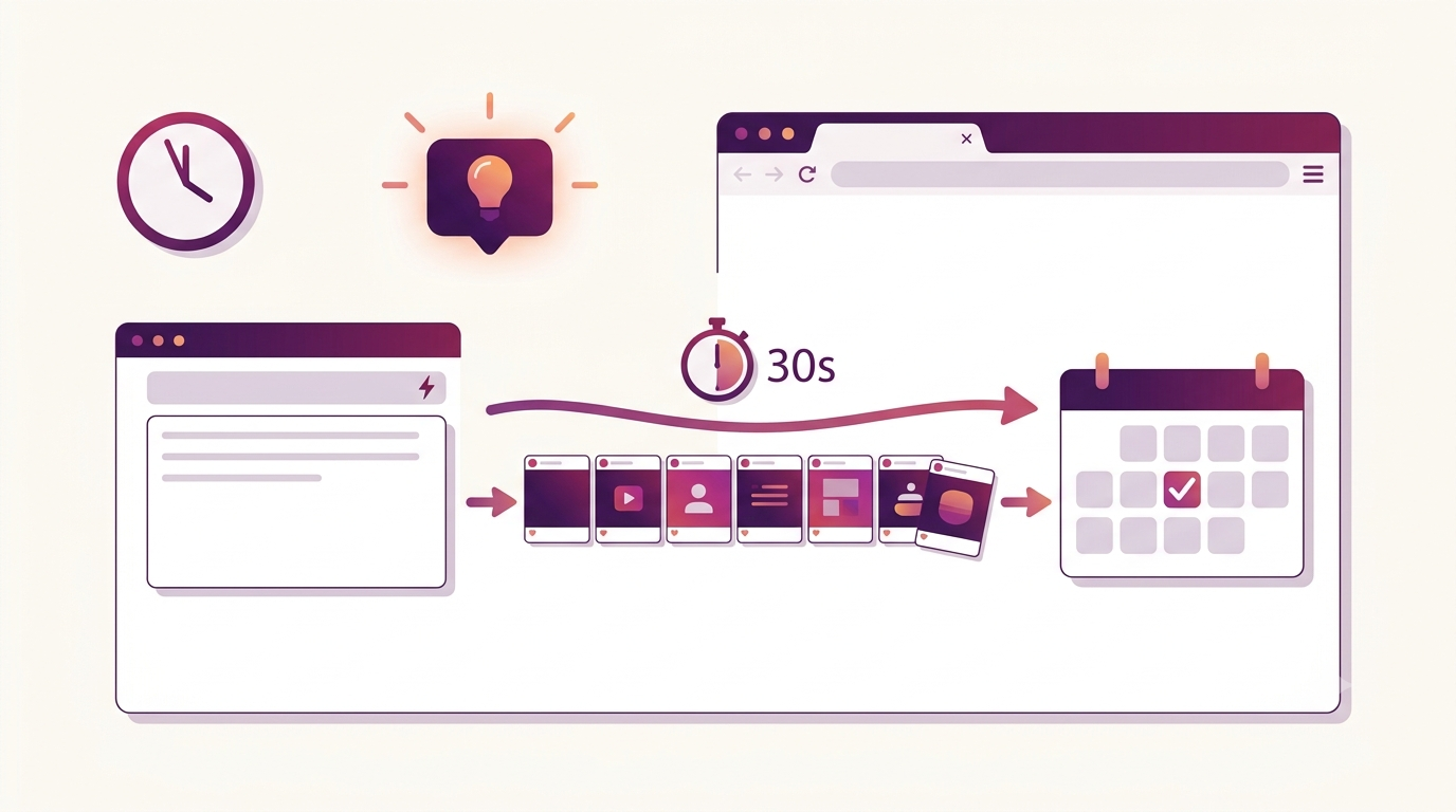 Stylized UI mockup of an AI carousel generator turning a topic into ten Instagram slides