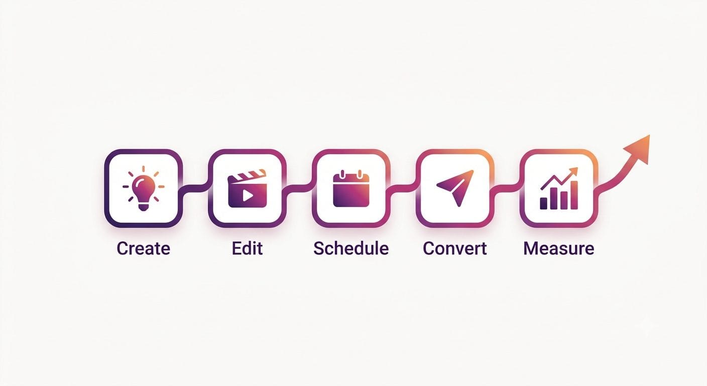 Diagram of ten Instagram growth jobs, from content creation to analytics, each mapped to one AI tool