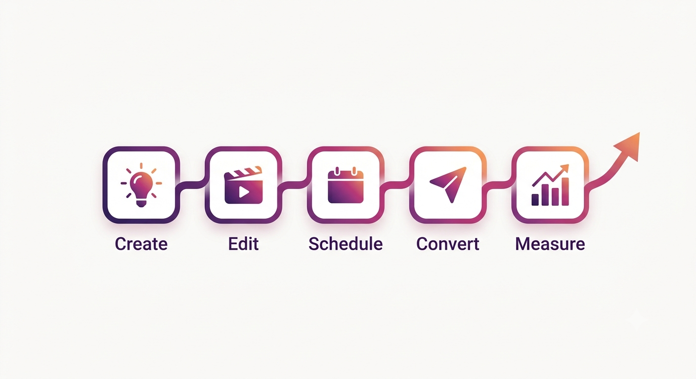 Diagram of ten Instagram growth jobs, from content creation to analytics, each mapped to one AI tool