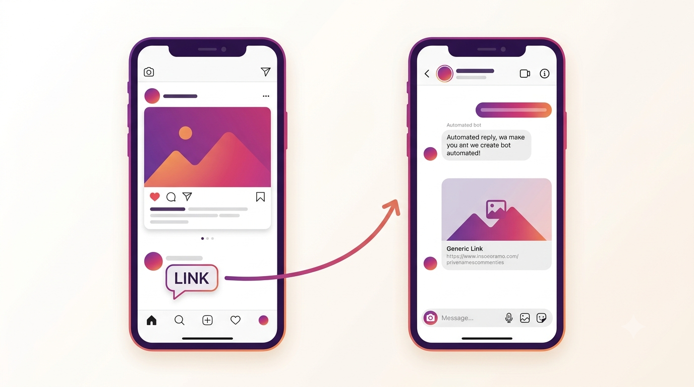 Stylized comment-to-DM automation flow showing a comment triggering an automated Instagram direct message