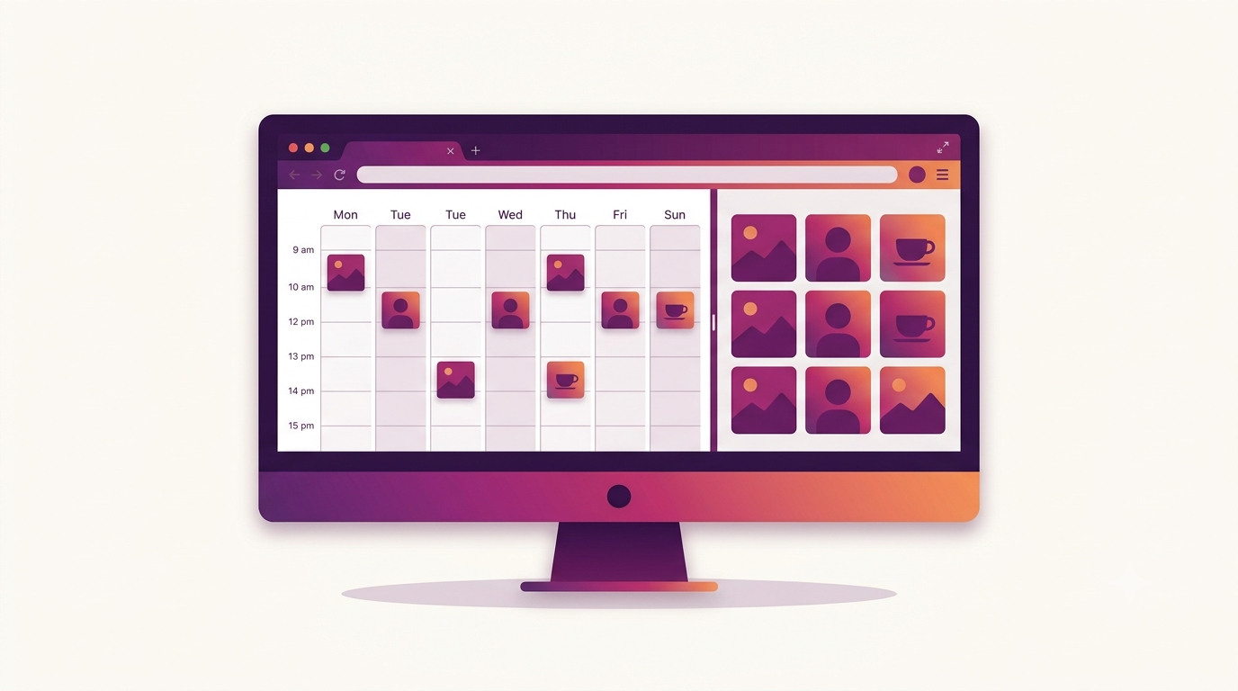 Generic grid planner app interface mockup with a scheduled posts calendar beside a profile grid preview