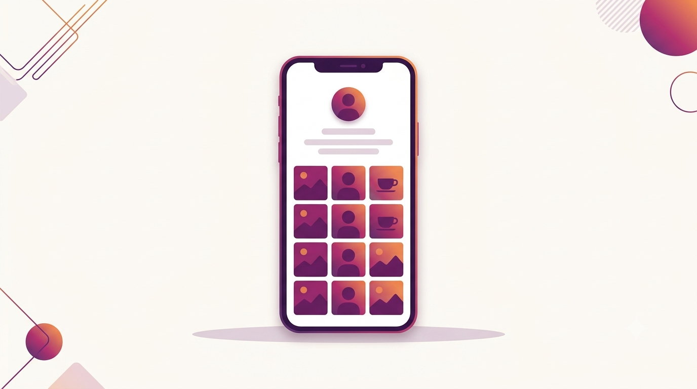 Stylized mobile mockup of an Instagram profile grid with consistent visual style across nine posts