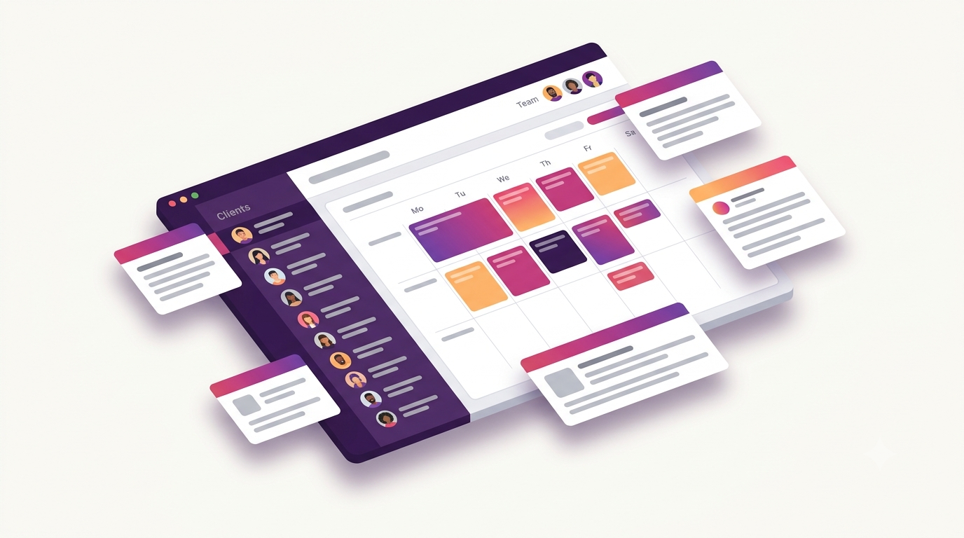 Illustration of an agency social media dashboard managing multiple client Instagram accounts