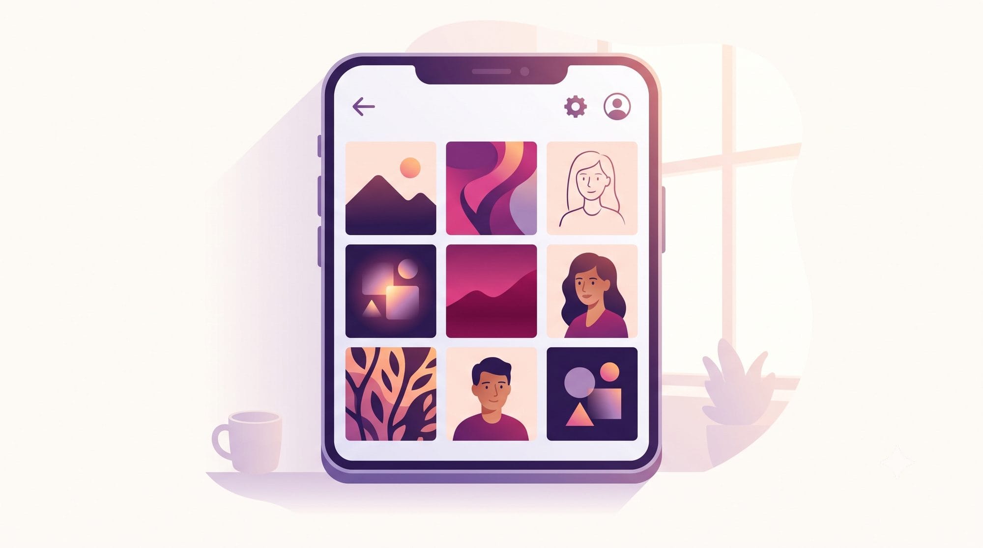 Stylized nine-square Instagram grid preview mockup showing photo thumbnail