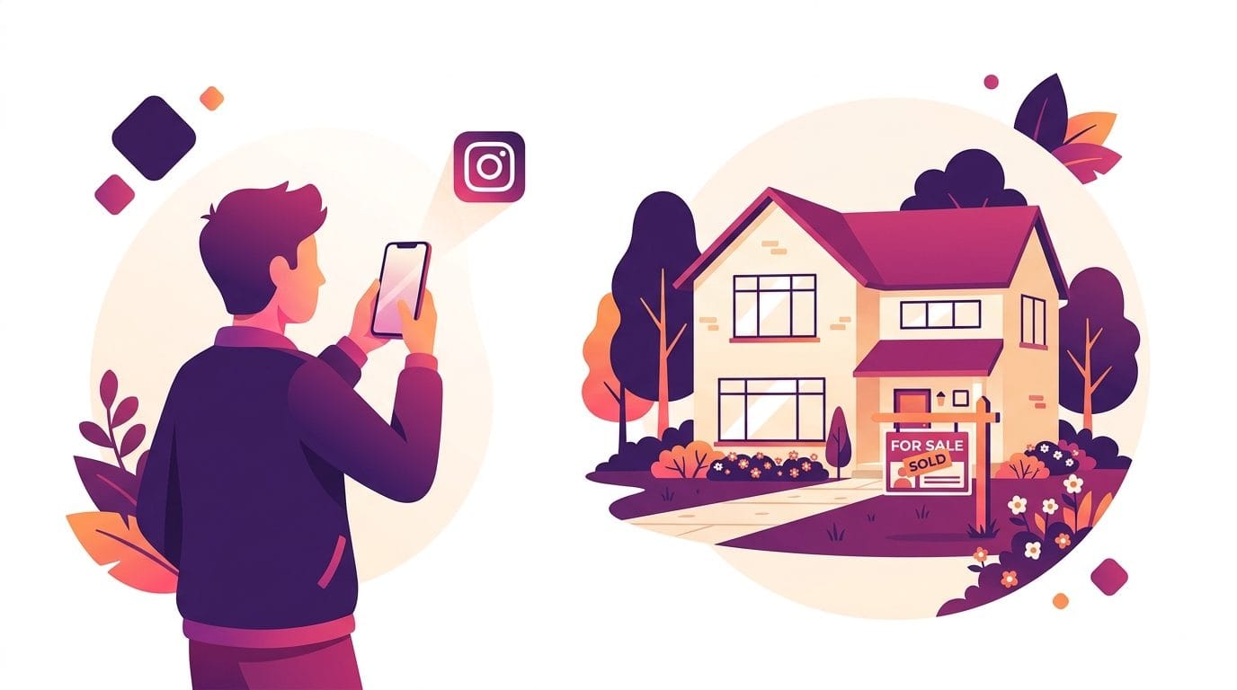 Illustration of a real estate agent photographing a house exterior for an Instagram listing post