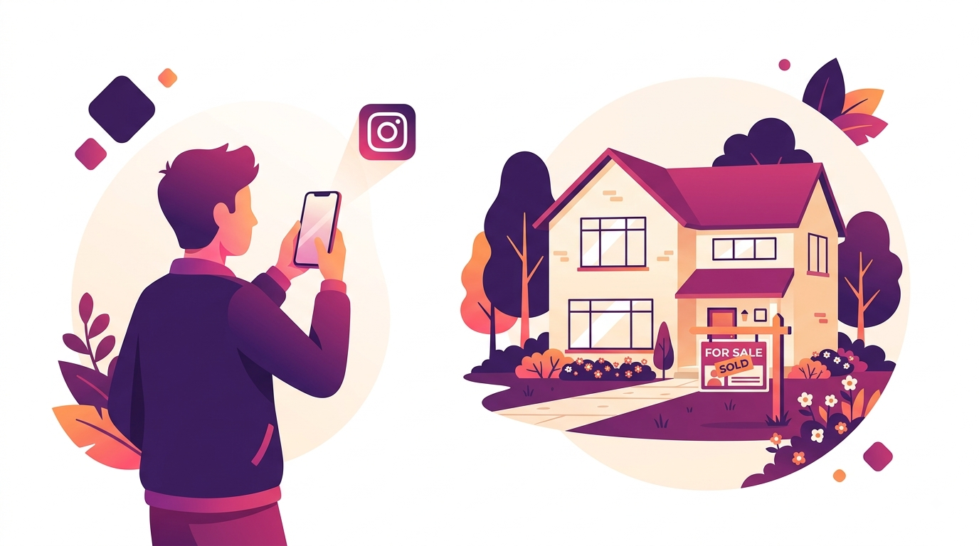 Illustration of a real estate agent photographing a house exterior for an Instagram listing post