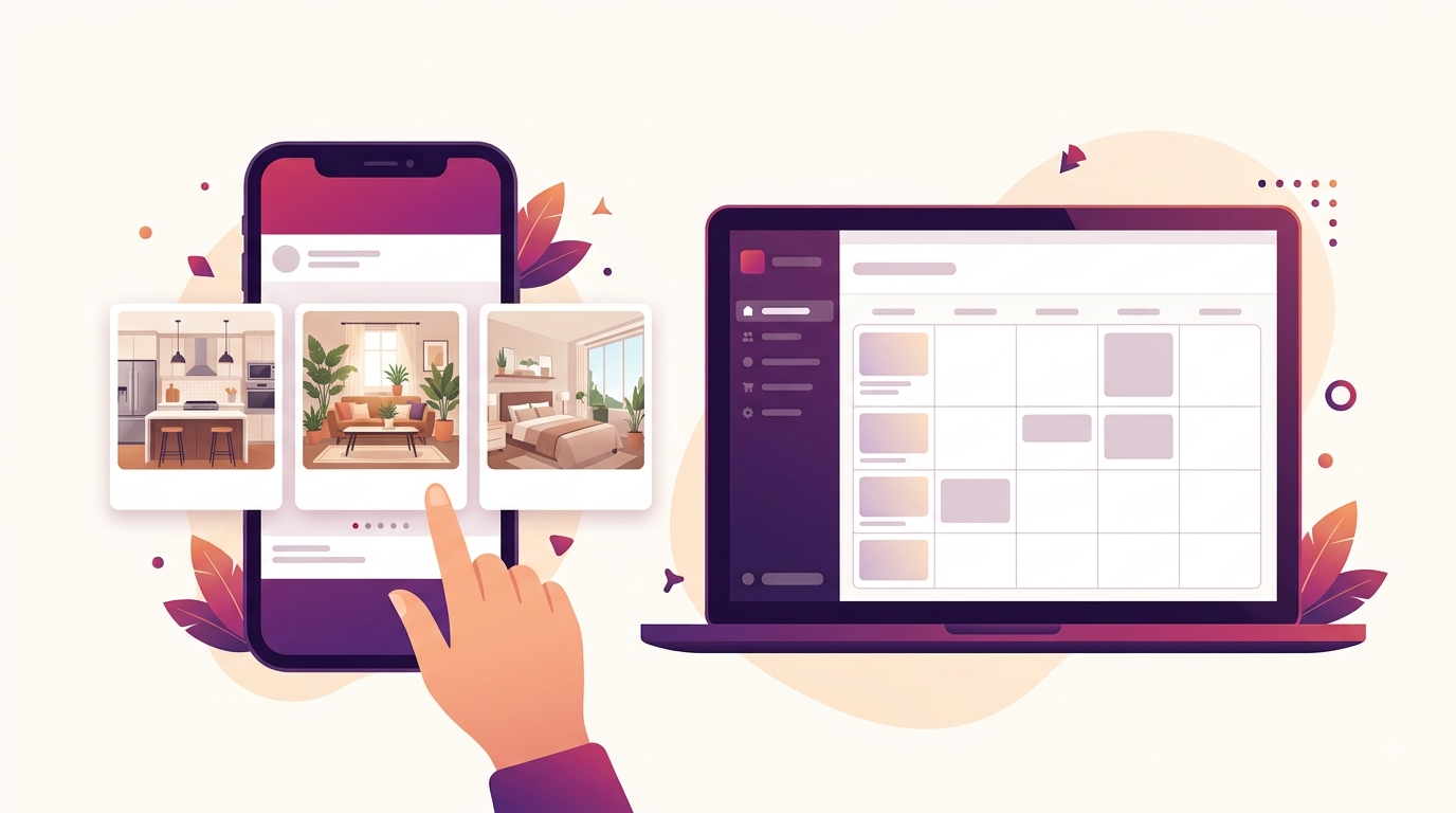 Mockup of an AI-generated Instagram carousel showing a room-by-room photo tour of a house listing
