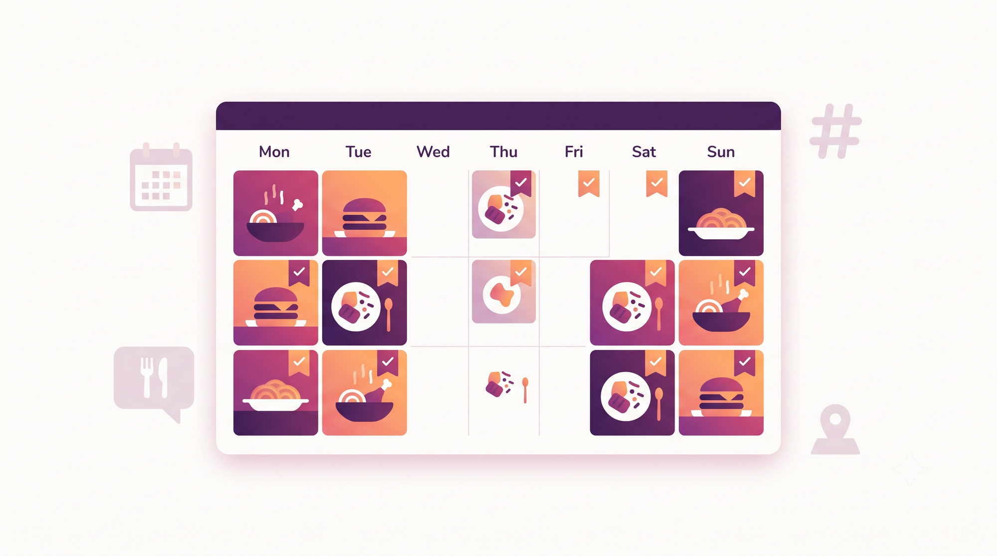 Stylized dashboard showing a weekly Instagram posting calendar for a restaurant